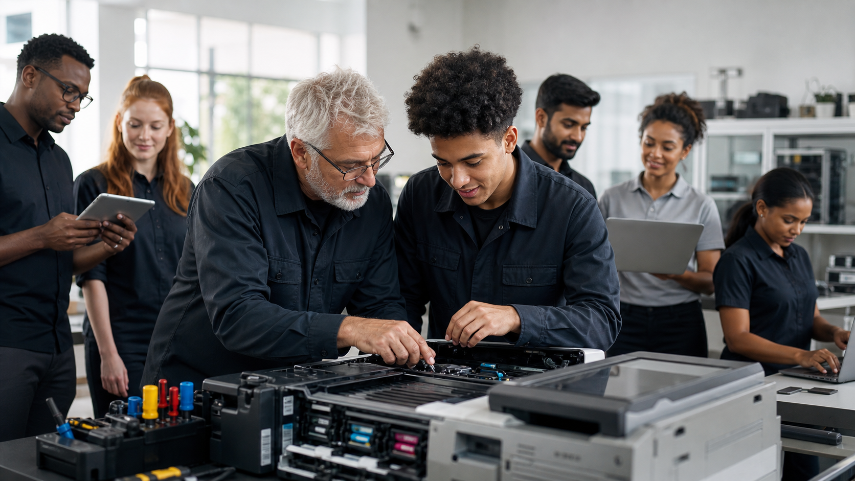 Experienced BusiQuip technician mentoring a younger technician
